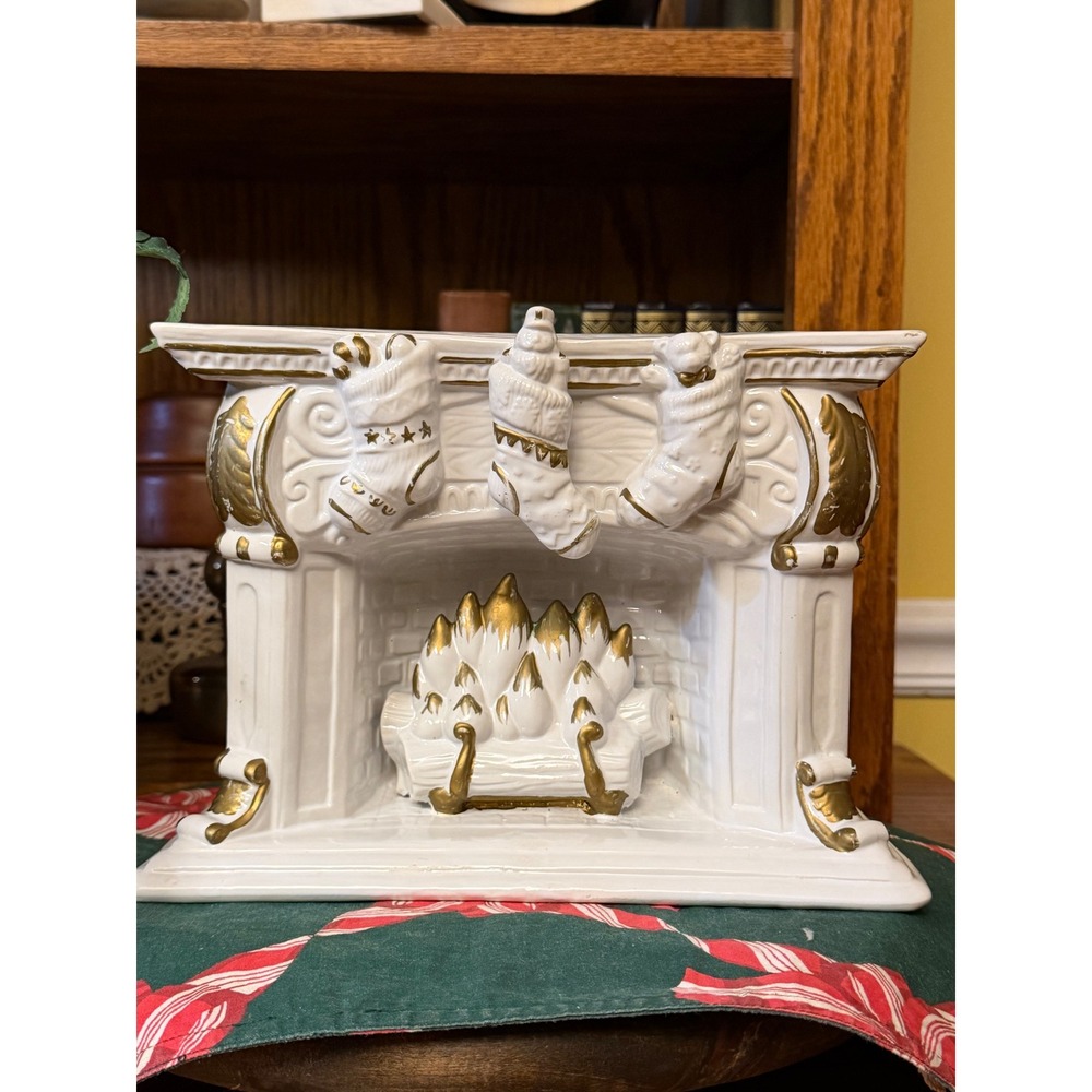 Vintage Ceramic Christmas Fireplace Planter White Gold Stockings Mantle Decor